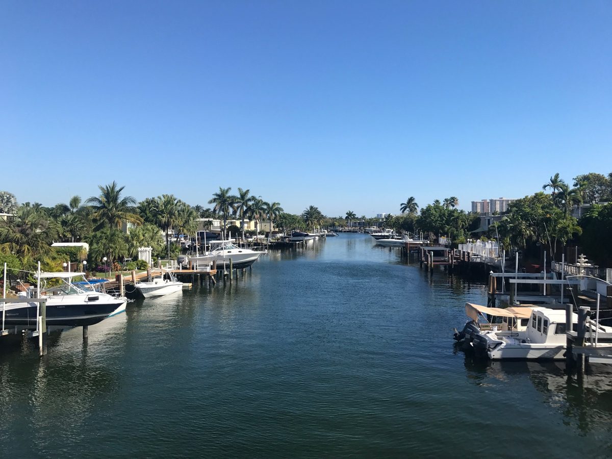 Waterfront homes with private docks along a canal